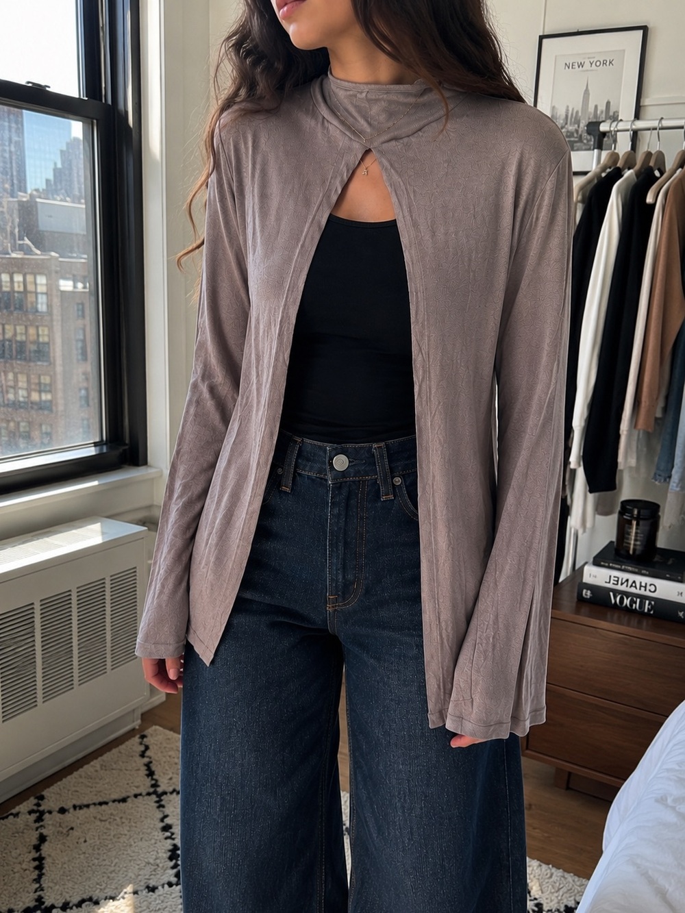 ZARA NWT Taupe Draped Open Front Scarf Cardigan Cape Shrug Top M